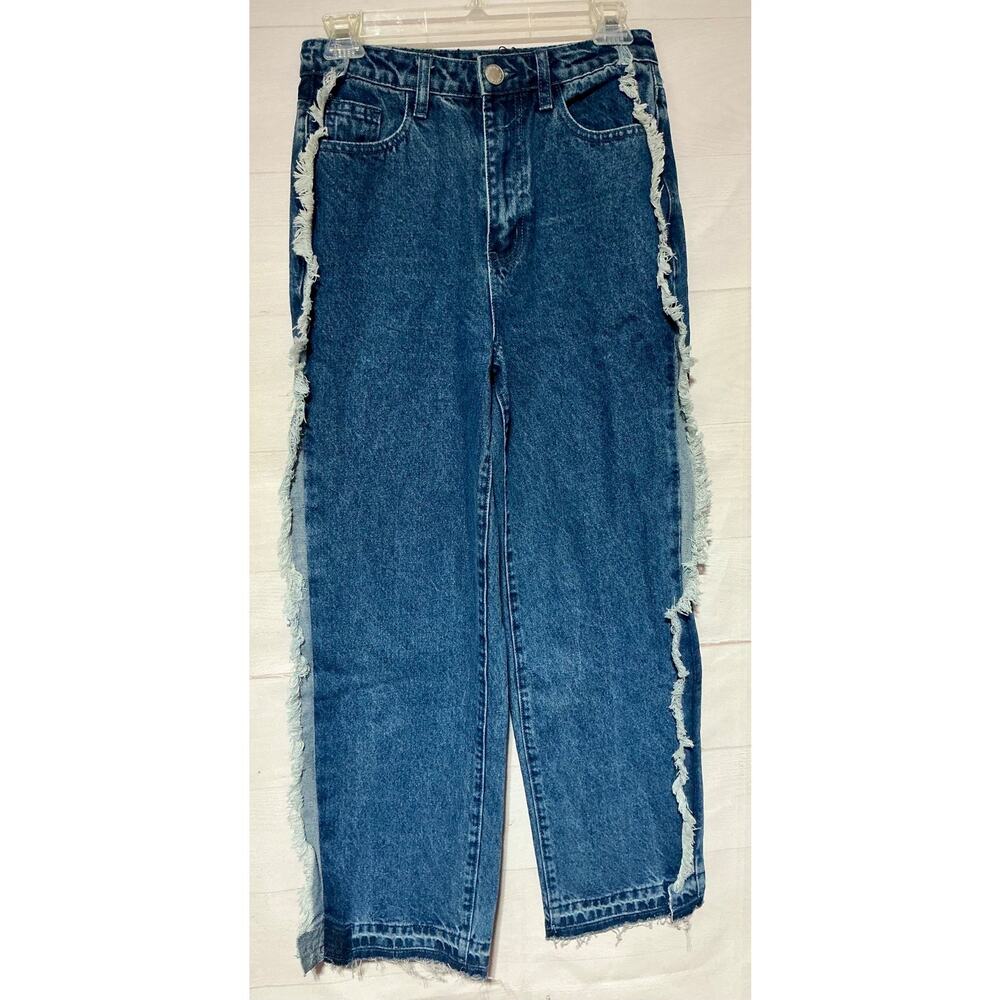 NWT NASTY GAL Sz 4 wide leg cut off frayed side seam blue jeans